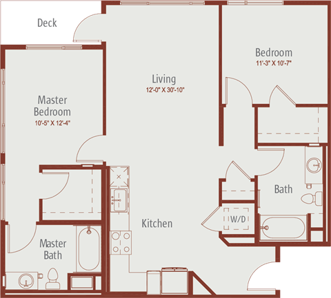 Floor plan for 2 beds, 2 baths, 1104 sqft